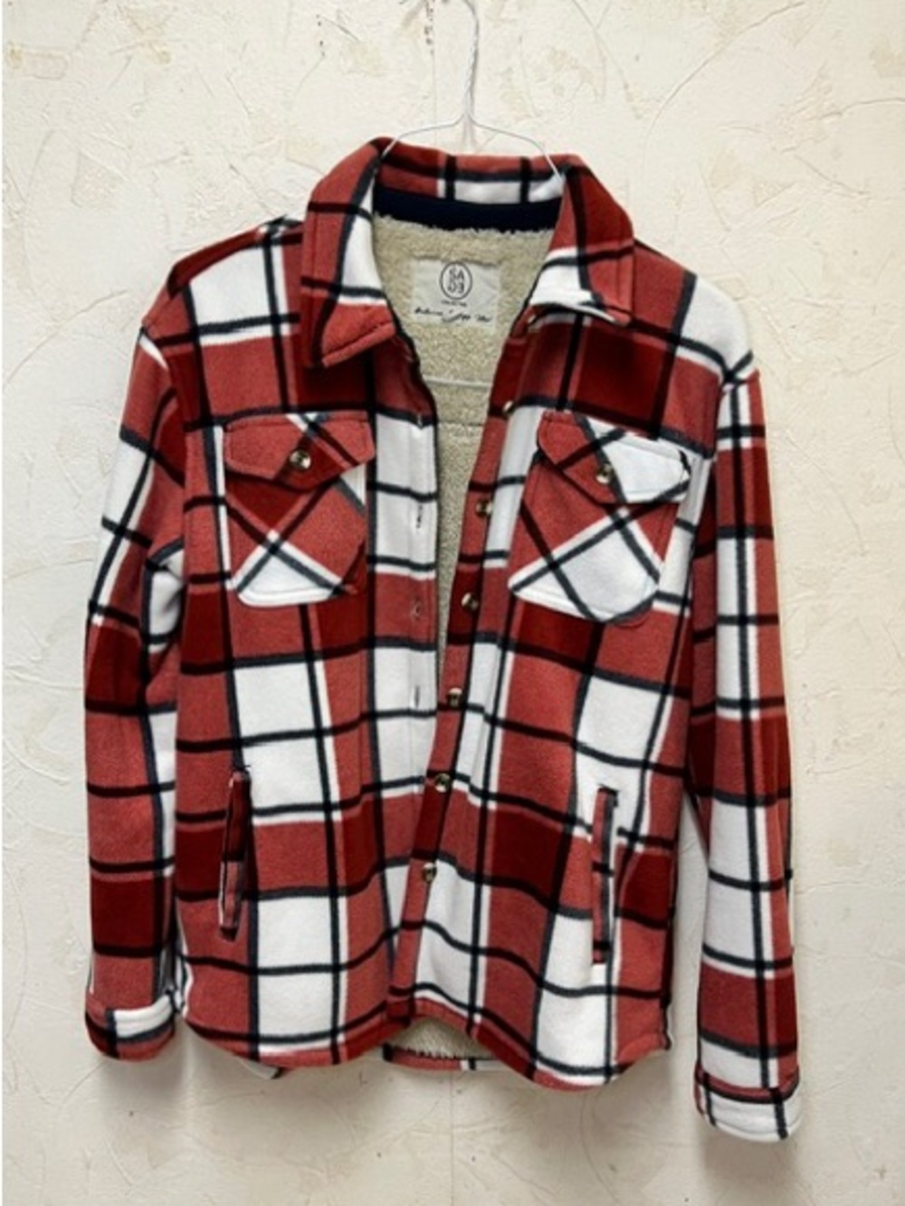 Sage collective red and white plaid sherpa lined fleece shacket sz M